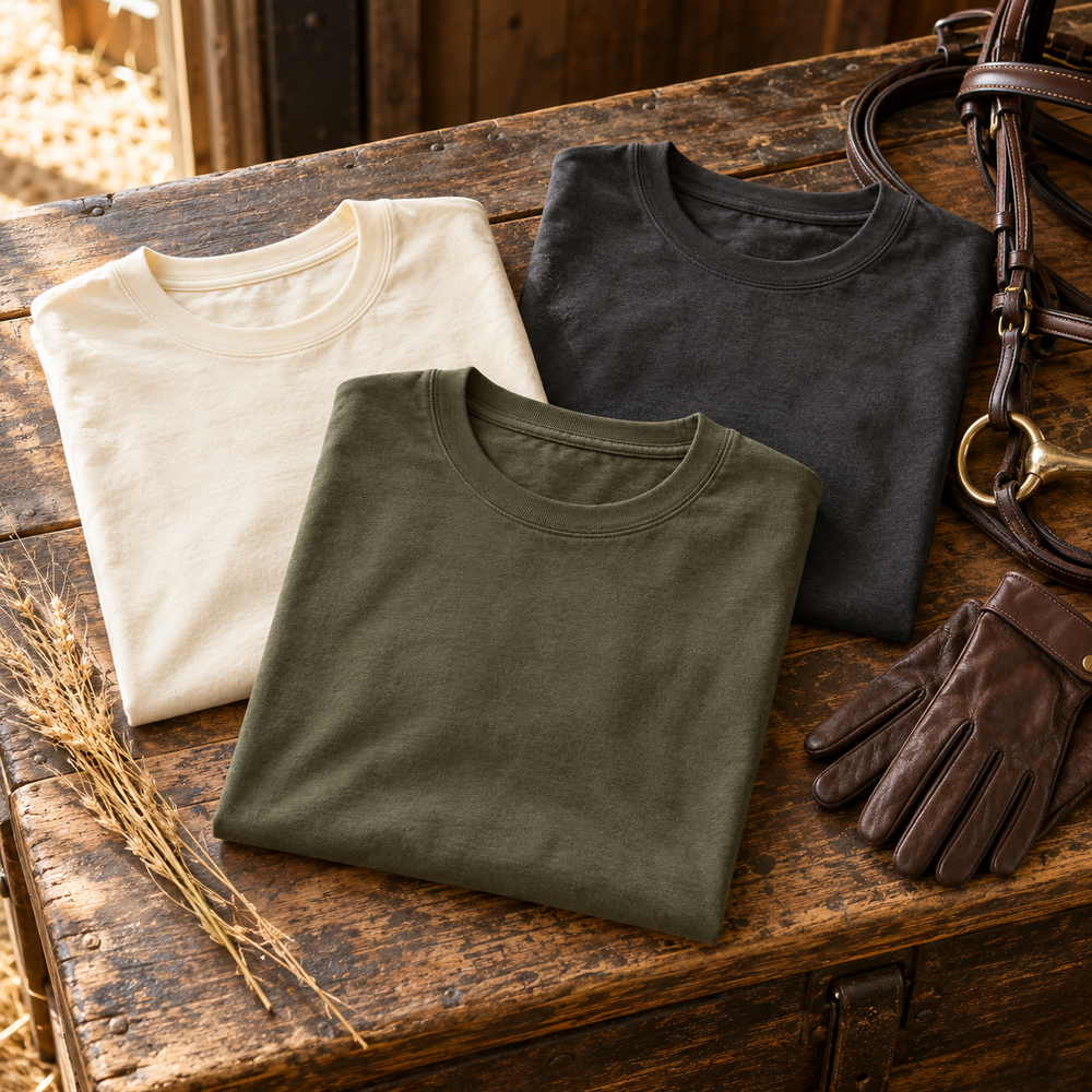 New cream, military green and charcoal horse shirts arranged with riding tack