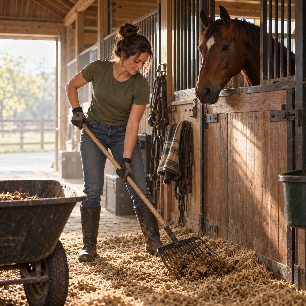 Horse woman completing morning barn chores while her horse watches