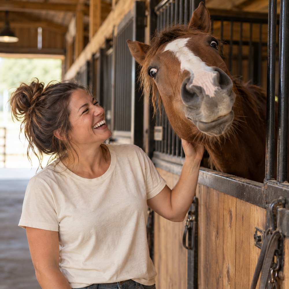 Laughing horse woman with her expressive horse leaning over a stall door