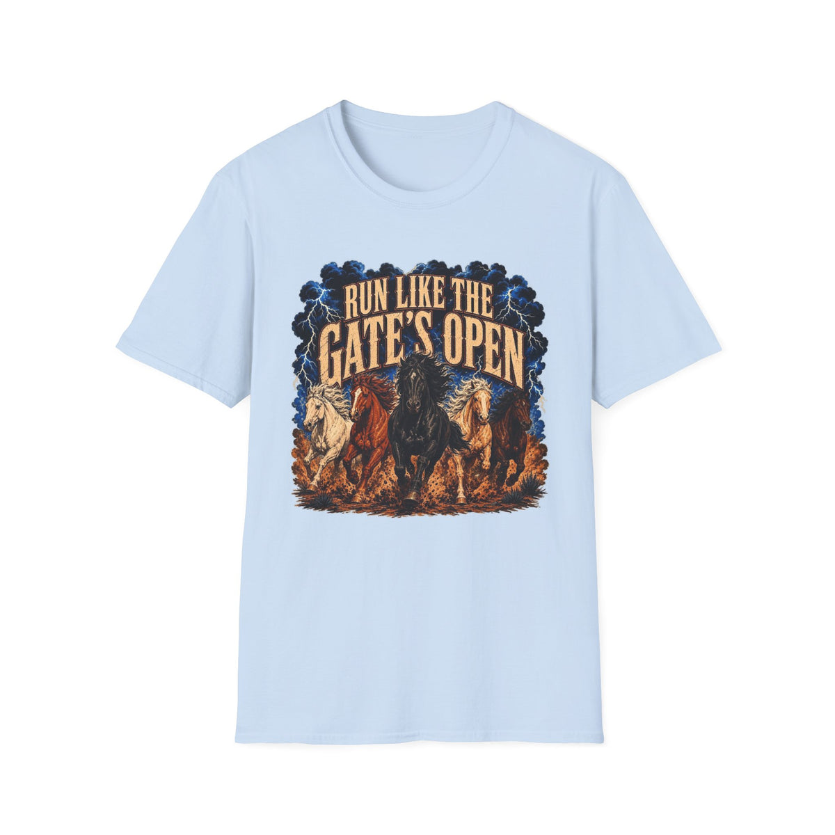 Run Like the Gates Are Open T‑Shirt — Rider & Galloping Horses Graphic Tee