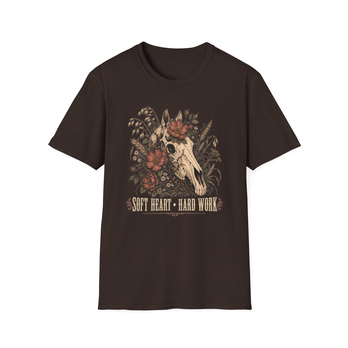 Cow Skull Floral T-Shirt — 'Soft Heart, Hard Work' Rustic Boho Tee