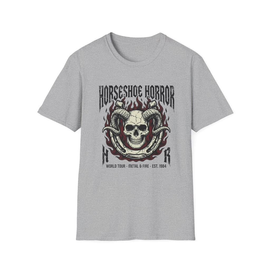 Horseshoe Horror Skull Tee - Gothic Flame Ram Skull Graphic T-Shirt