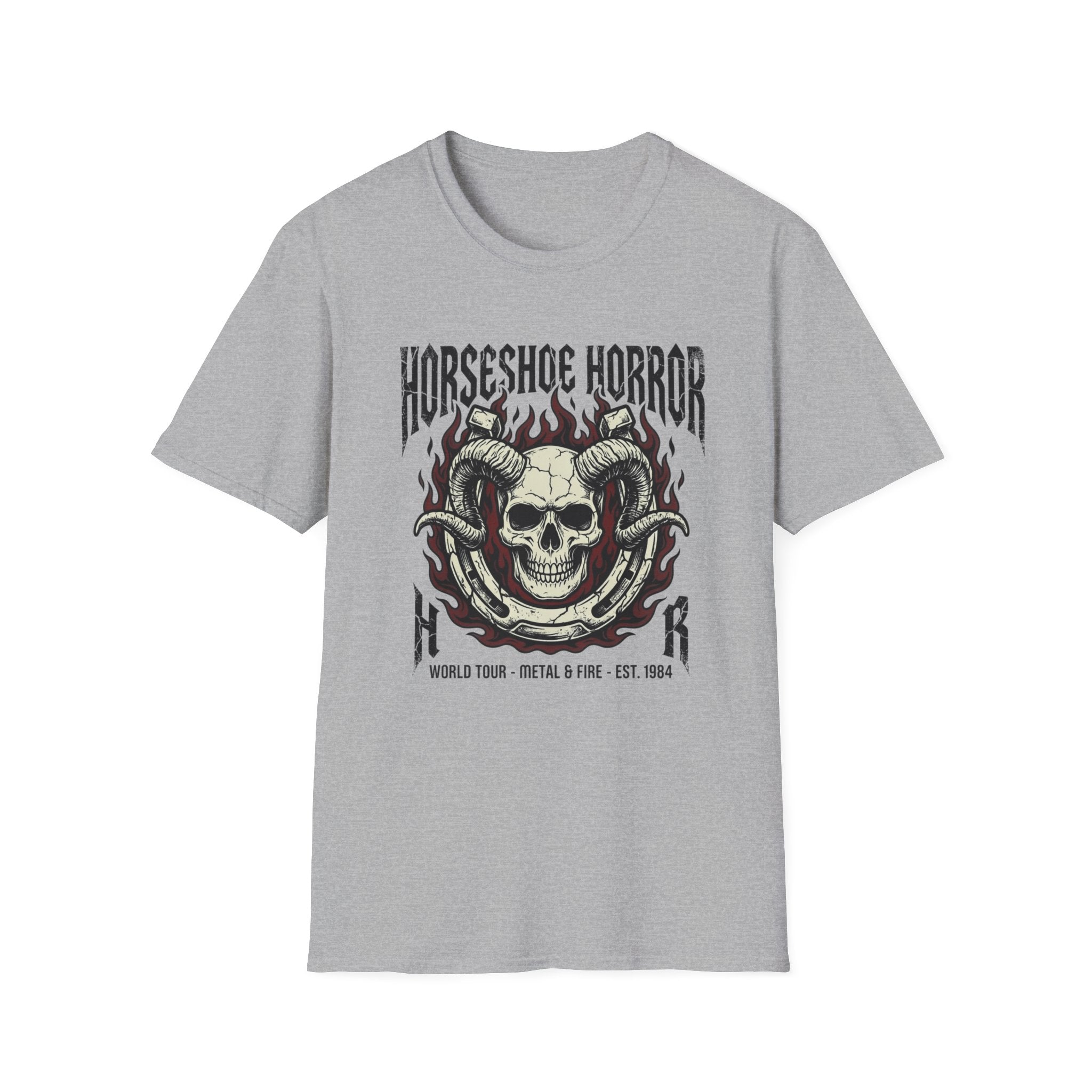 Horseshoe Horror Skull Tee - Gothic Flame Ram Skull Graphic T-Shirt