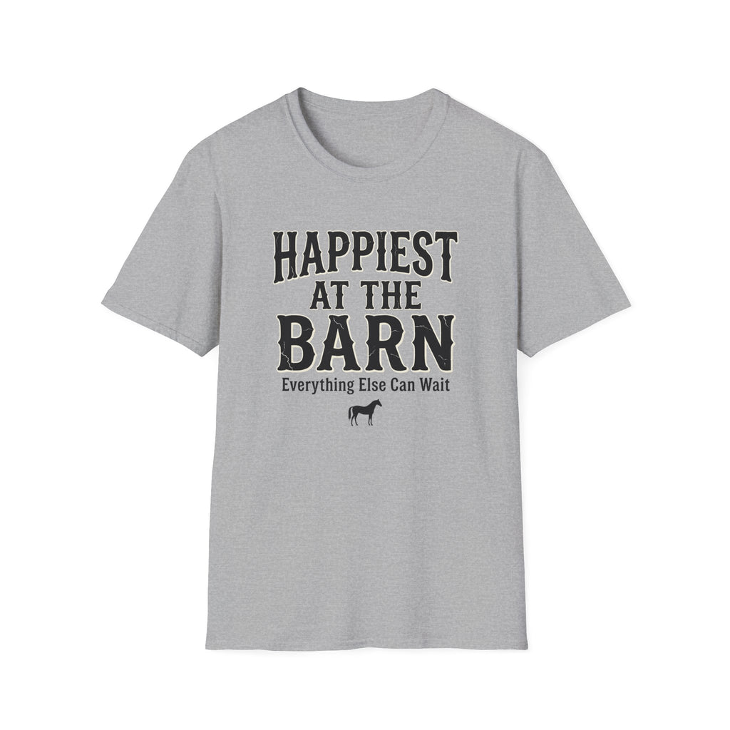 Happiest at the Barn T-Shirt — Rustic Farm Life Tee for Animal Lovers
