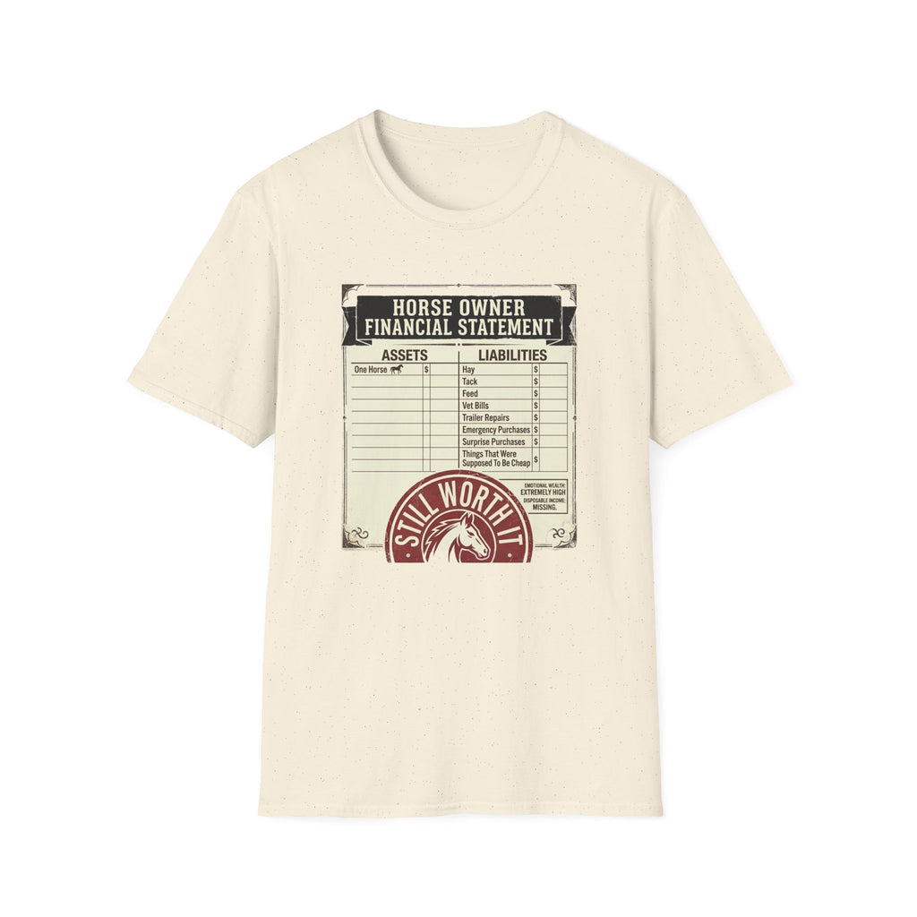 Horse Owner Financial Statement T-Shirt — Funny Equestrian Assets vs Liabilities Tee