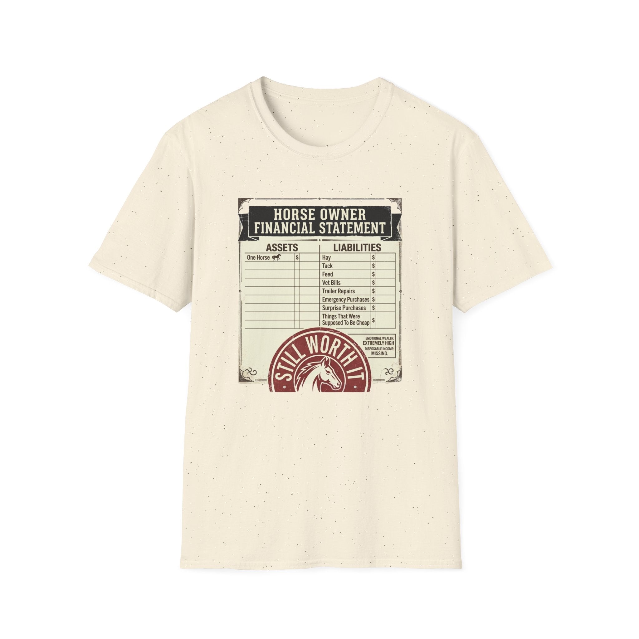 Horse Owner Financial Statement T-Shirt — Funny Equestrian Assets vs Liabilities Tee