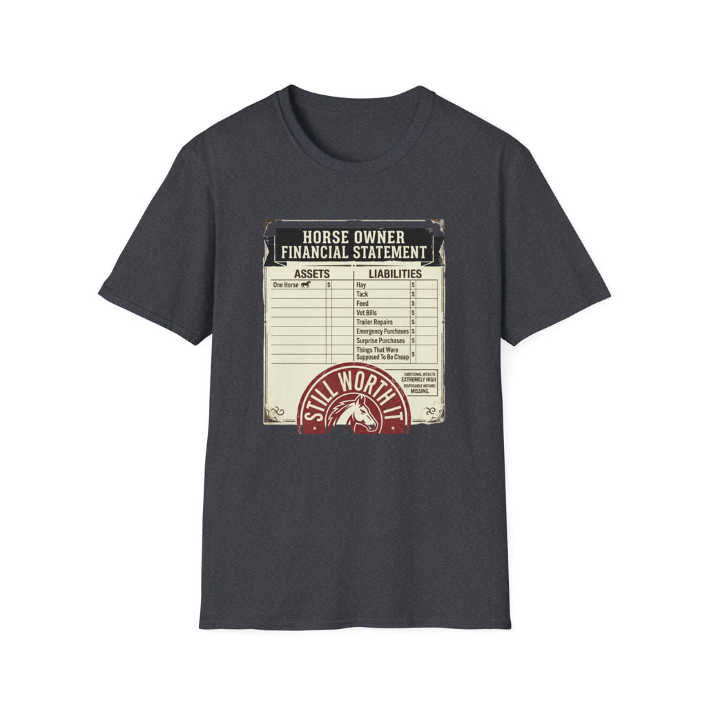 Horse Owner Financial Statement T-Shirt — Funny Equestrian Assets vs Liabilities Tee