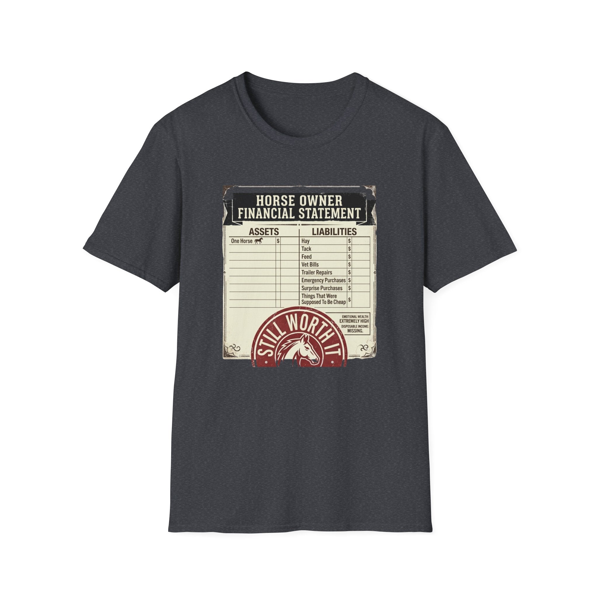 Horse Owner Financial Statement T-Shirt — Funny Equestrian Assets vs Liabilities Tee