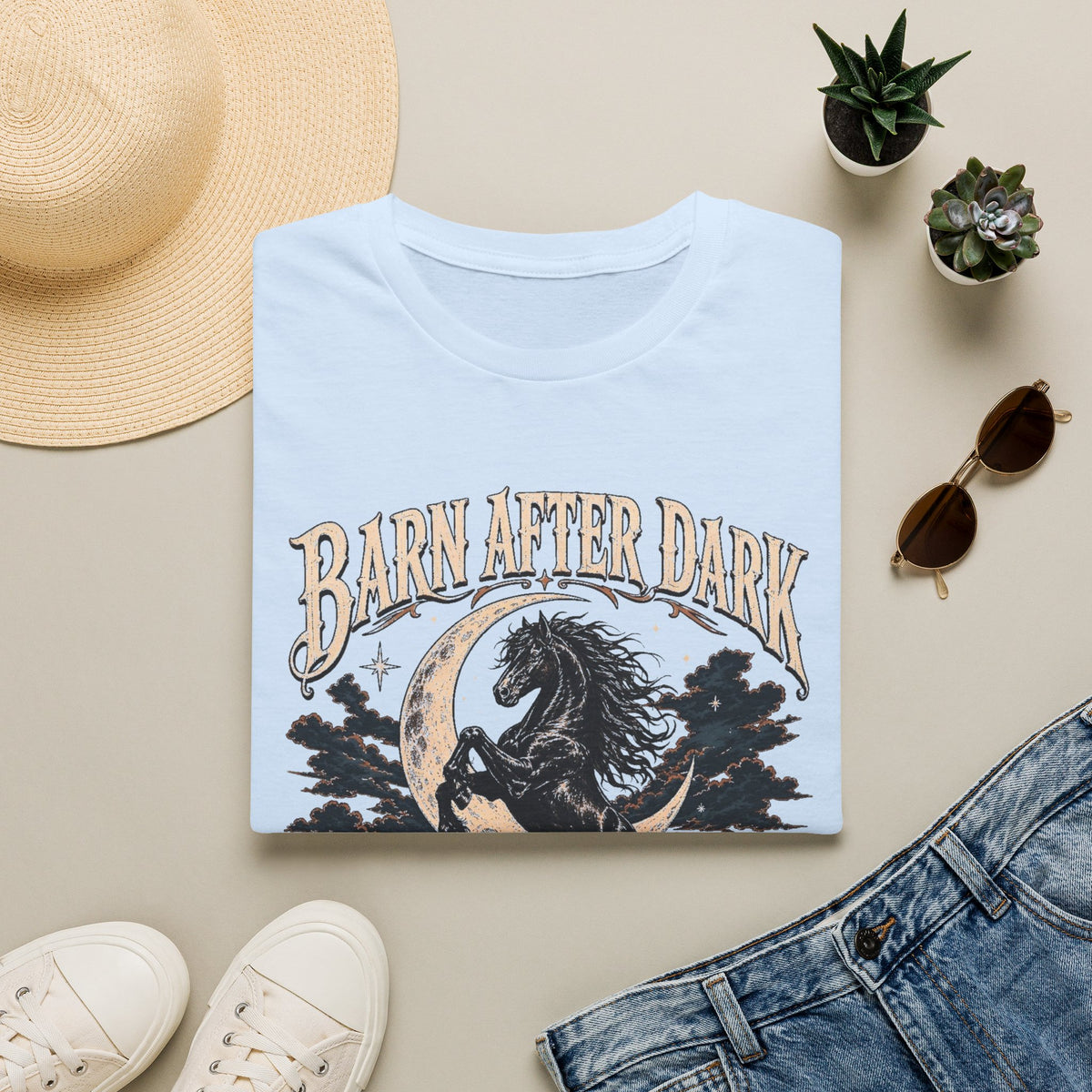 Barn After Dark T‑Shirt — Vintage Moonlit Horse Graphic Tee