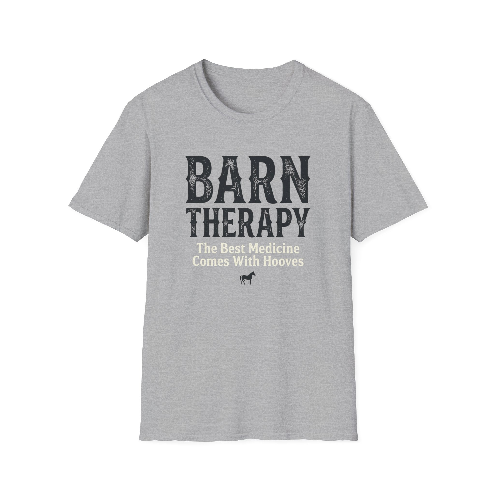 Barn Therapy T-Shirt — “The Best Medicine Comes With Hooves” Rustic Equestrian Tee