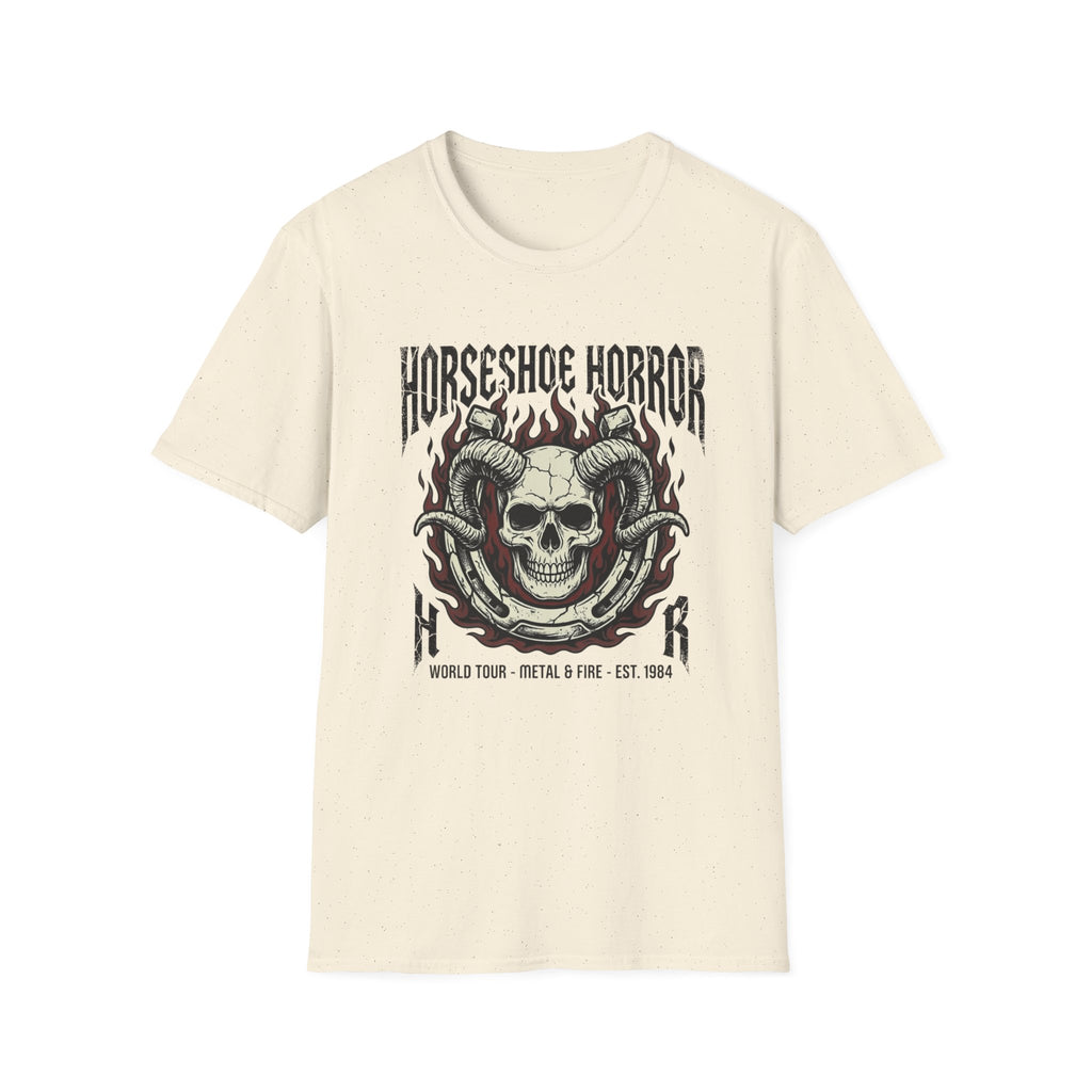 Horseshoe Horror Skull Tee - Gothic Flame Ram Skull Graphic T-Shirt