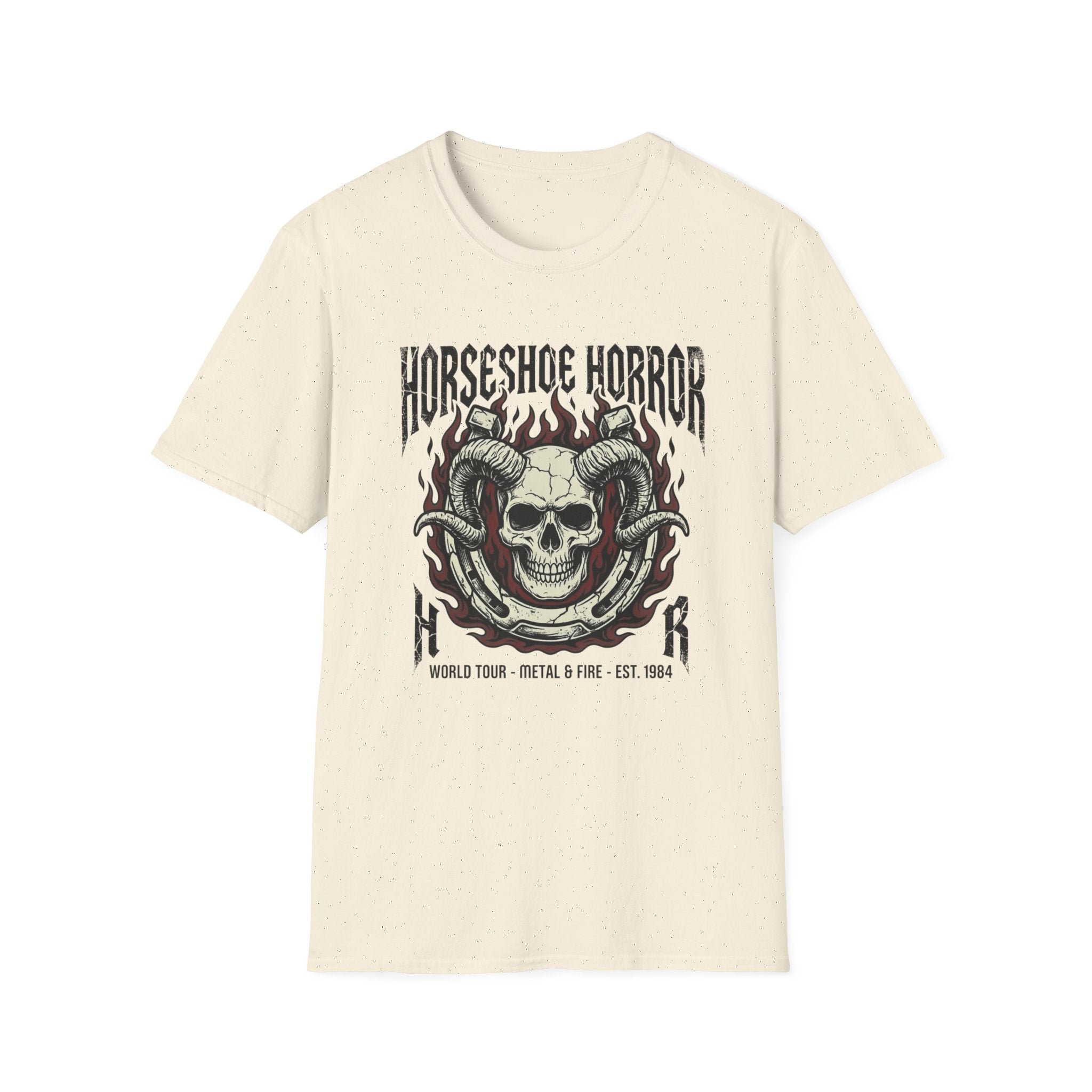 Horseshoe Horror Skull Tee - Gothic Flame Ram Skull Graphic T-Shirt