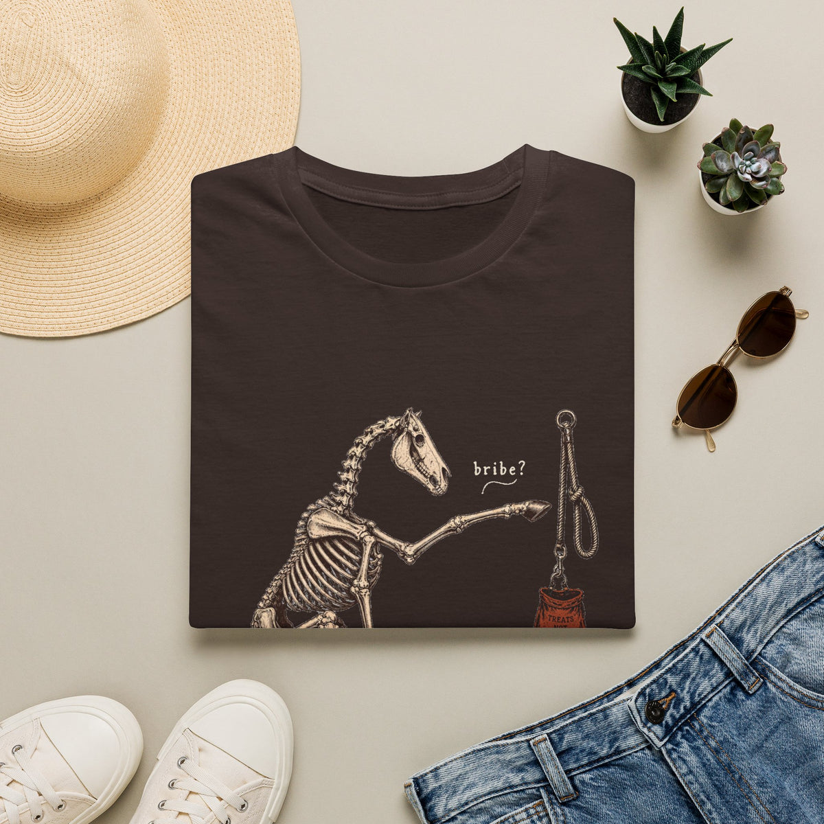 Skeleton Horse 'bribe?' T-Shirt — Funny Equestrian Skeleton Design