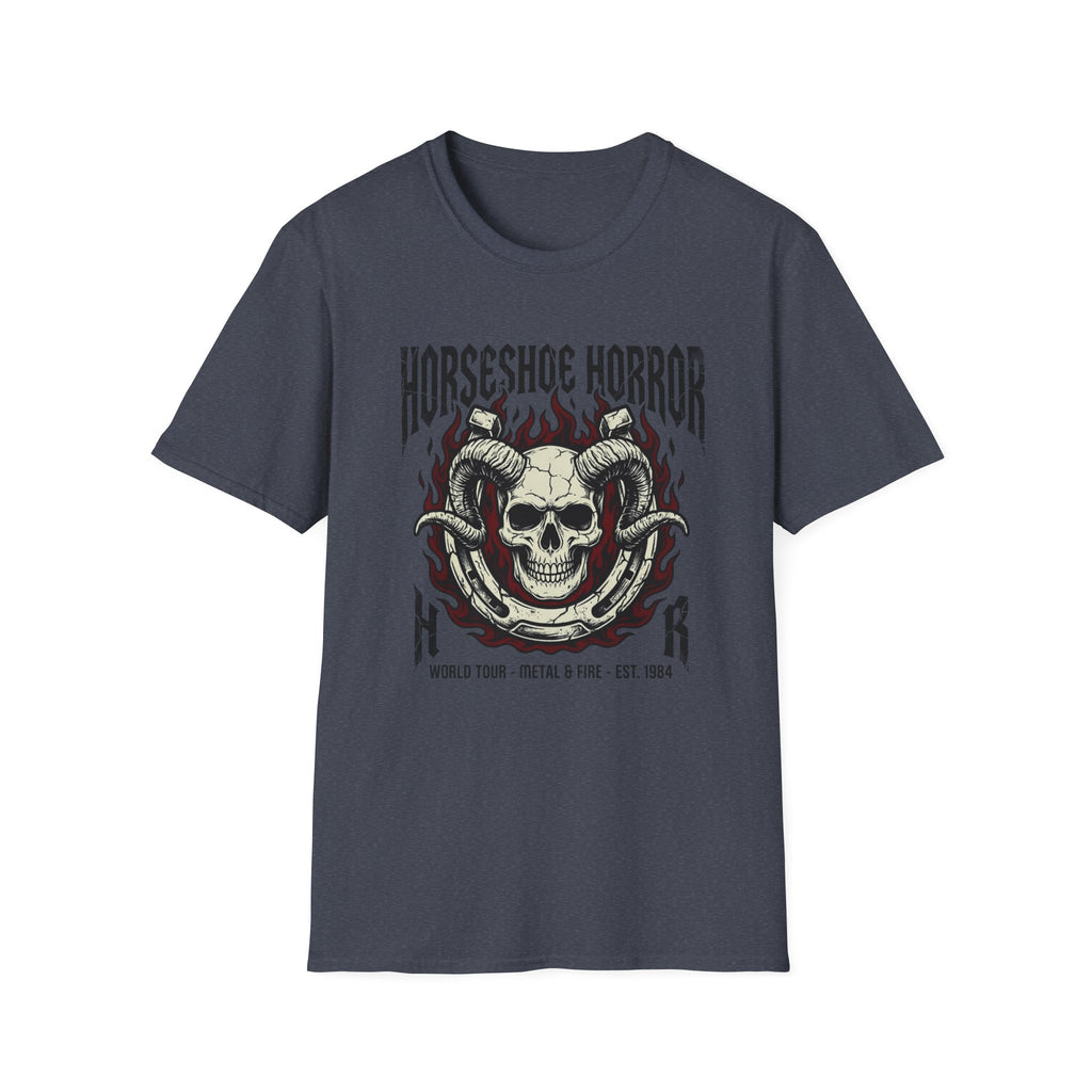Horseshoe Horror Skull Tee - Gothic Flame Ram Skull Graphic T-Shirt