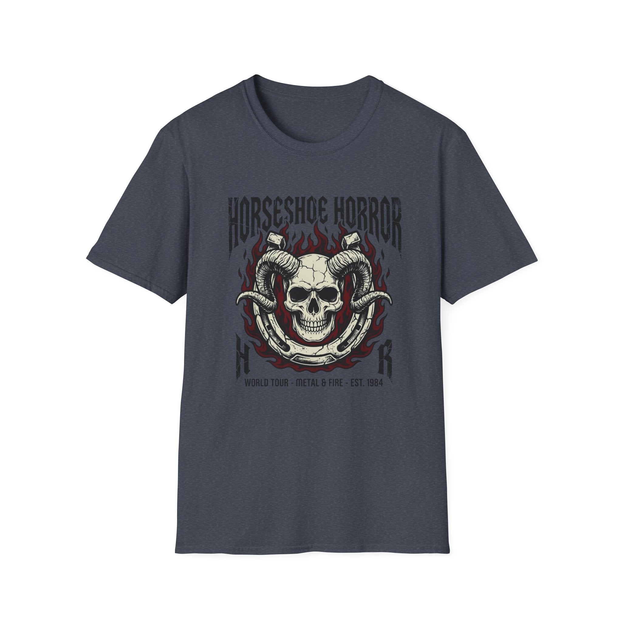 Horseshoe Horror Skull Tee - Gothic Flame Ram Skull Graphic T-Shirt