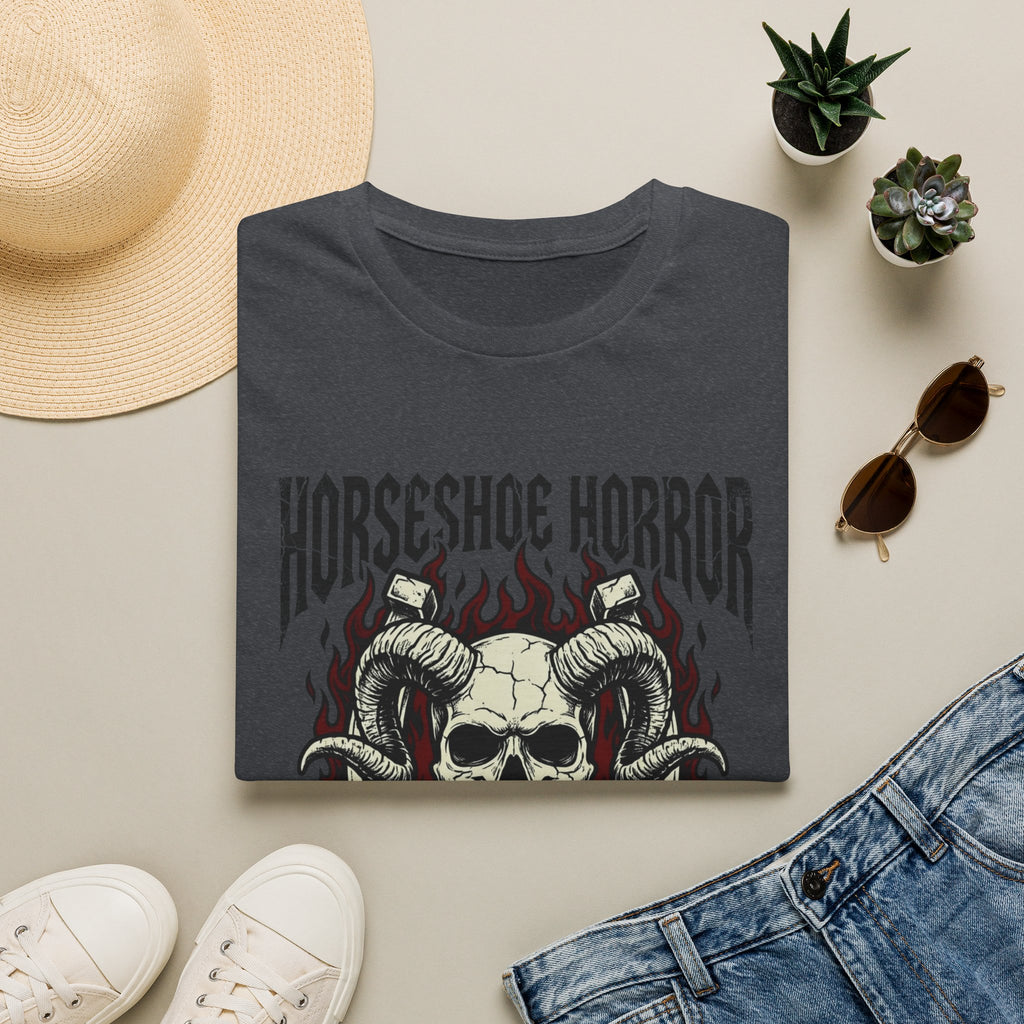 Horseshoe Horror Skull Tee - Gothic Flame Ram Skull Graphic T-Shirt