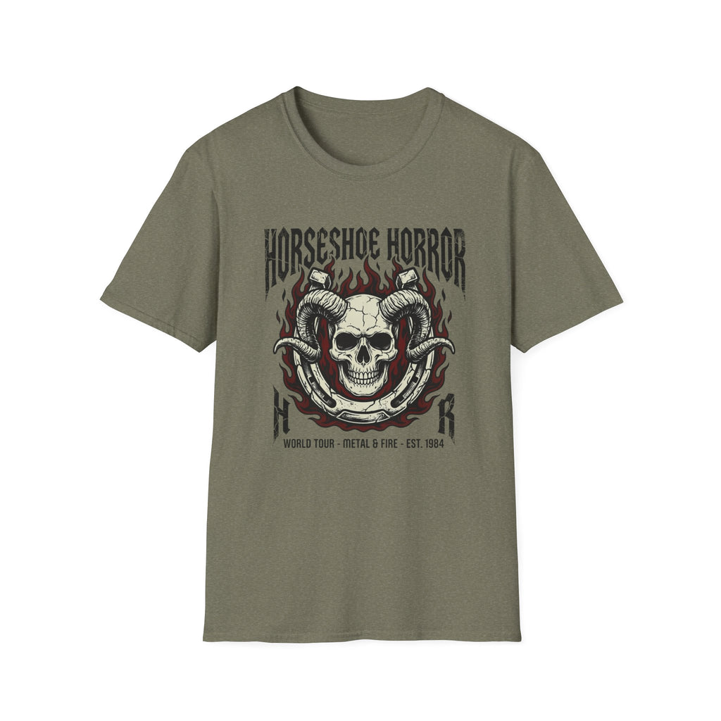 Horseshoe Horror Skull Tee - Gothic Flame Ram Skull Graphic T-Shirt