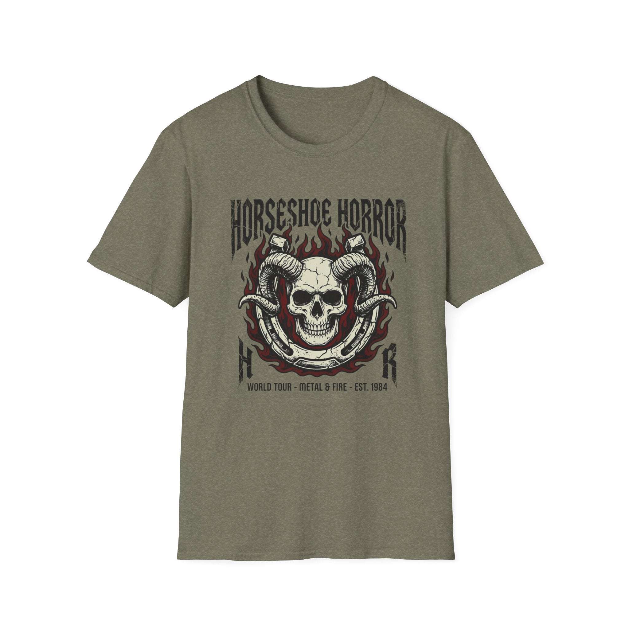 Horseshoe Horror Skull Tee - Gothic Flame Ram Skull Graphic T-Shirt