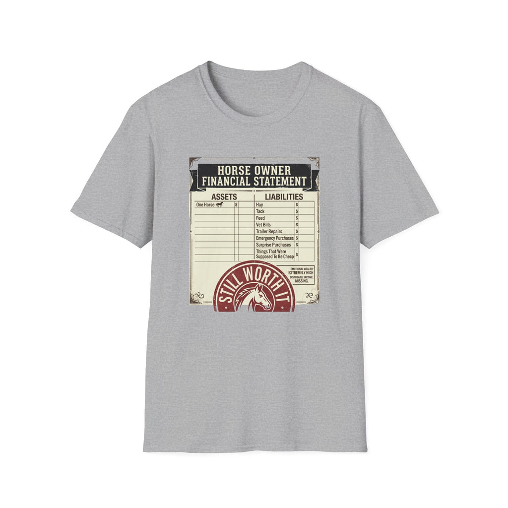 Horse Owner Financial Statement T-Shirt — Funny Equestrian Assets vs Liabilities Tee