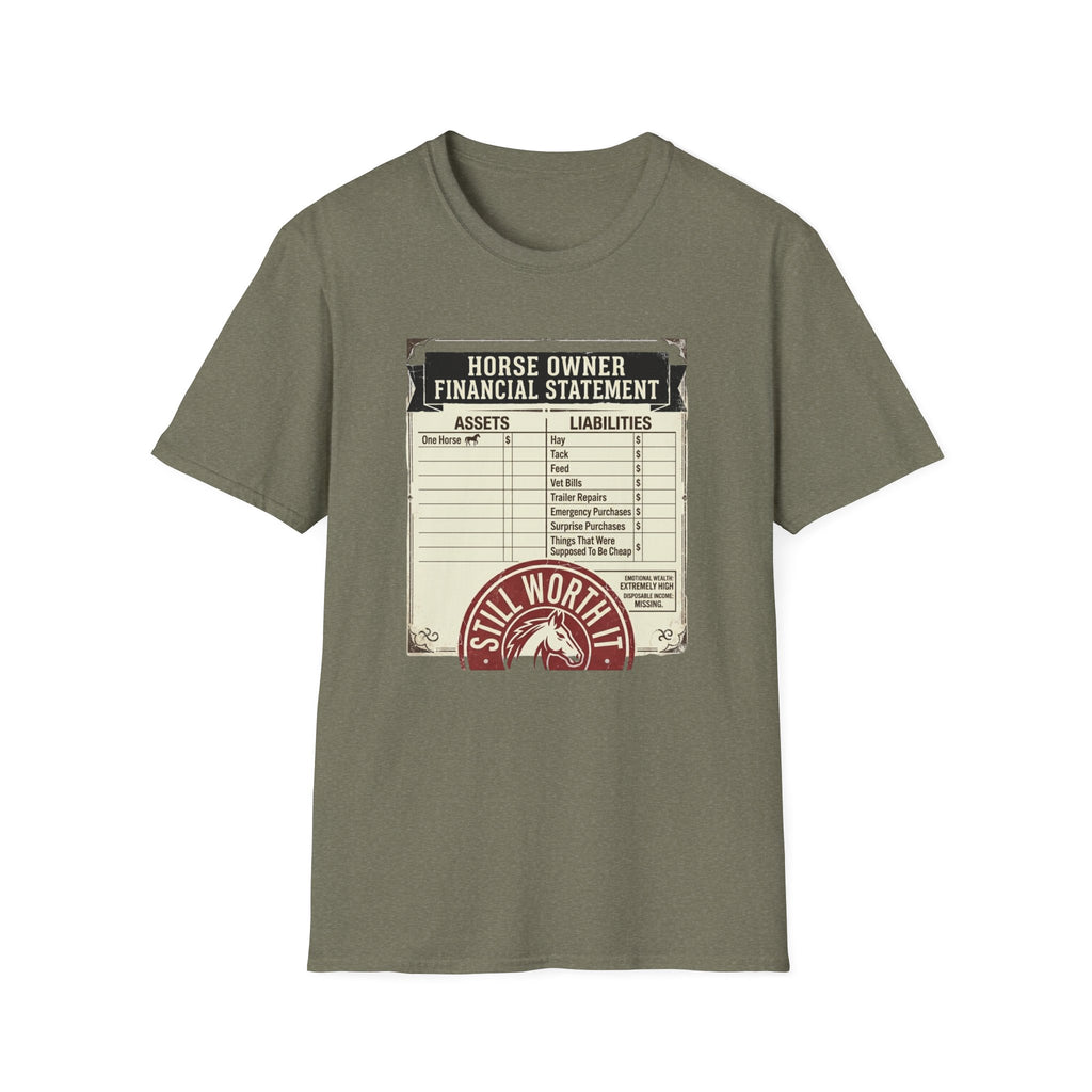 Horse Owner Financial Statement T-Shirt — Funny Equestrian Assets vs Liabilities Tee