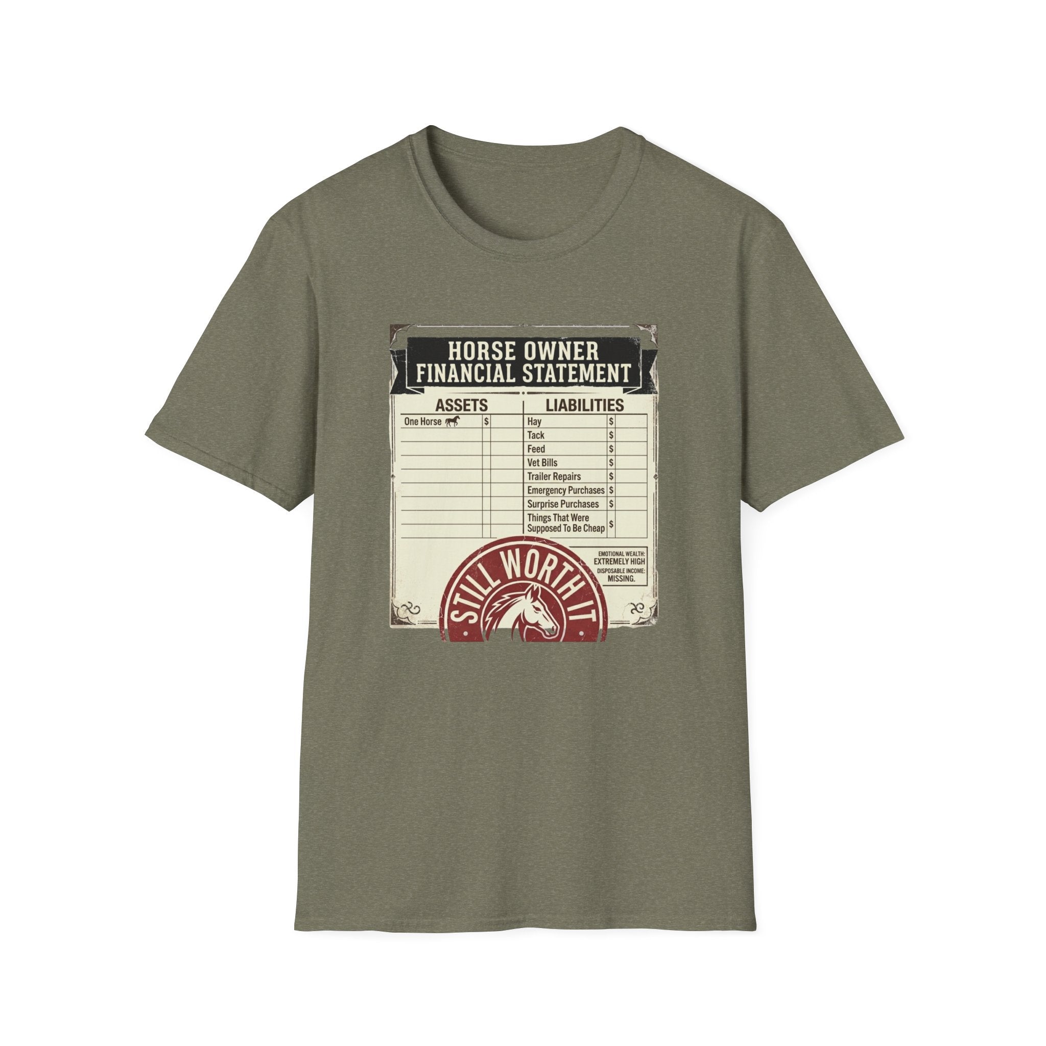 Horse Owner Financial Statement T-Shirt — Funny Equestrian Assets vs Liabilities Tee