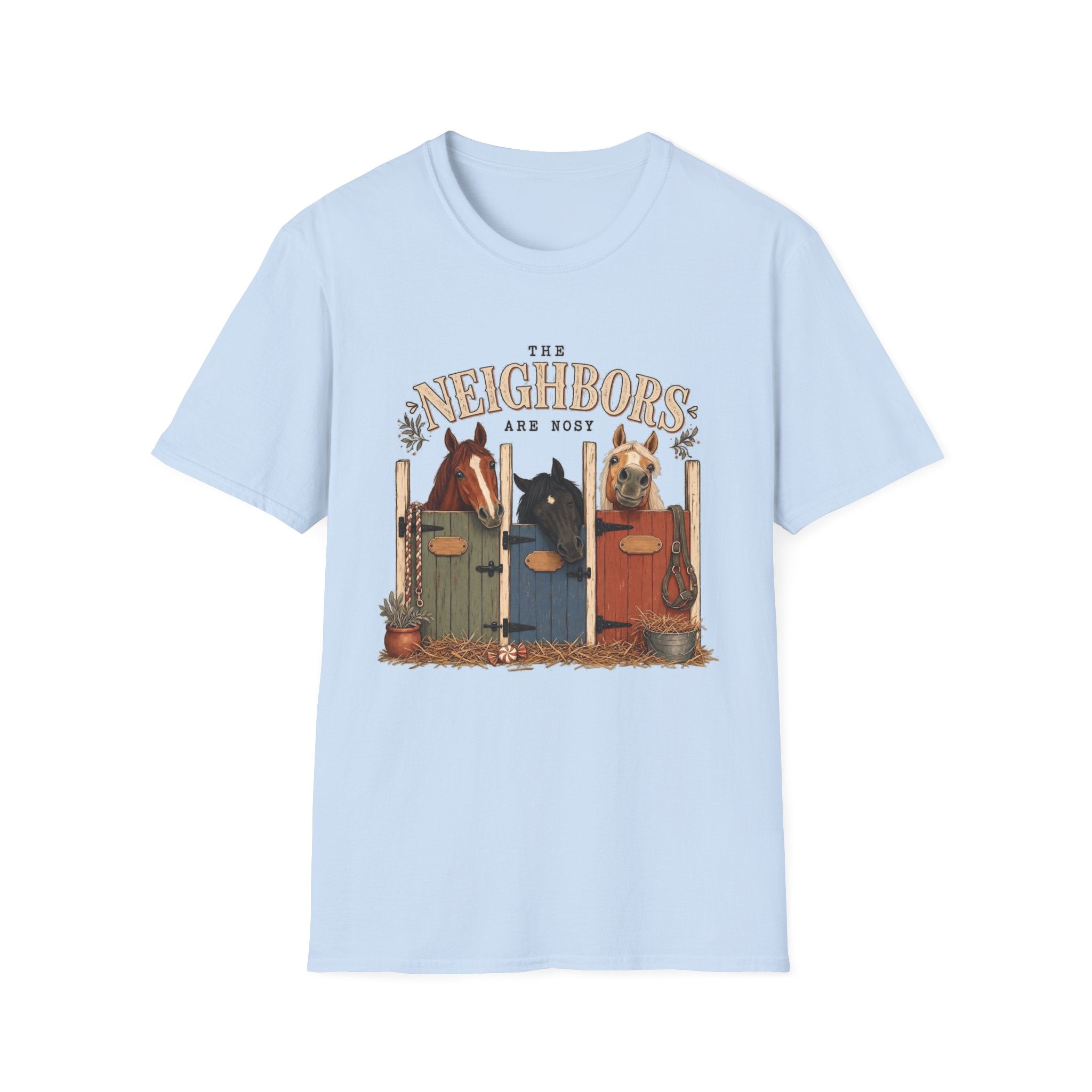 The Neighbors Are Nosy T-Shirt — Funny Farm Animal Tee (Horses & Donkey)