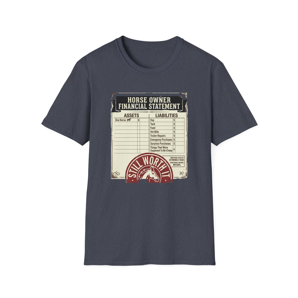 Horse Owner Financial Statement T-Shirt — Funny Equestrian Assets vs Liabilities Tee