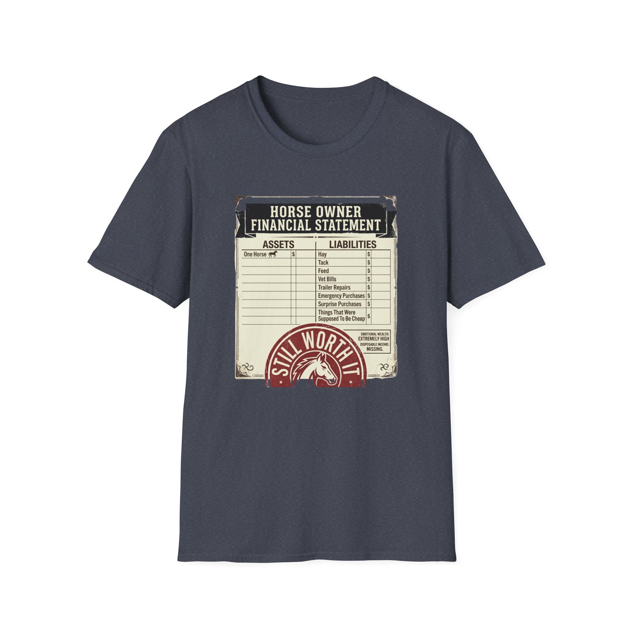 Horse Owner Financial Statement T-Shirt — Funny Equestrian Assets vs Liabilities Tee