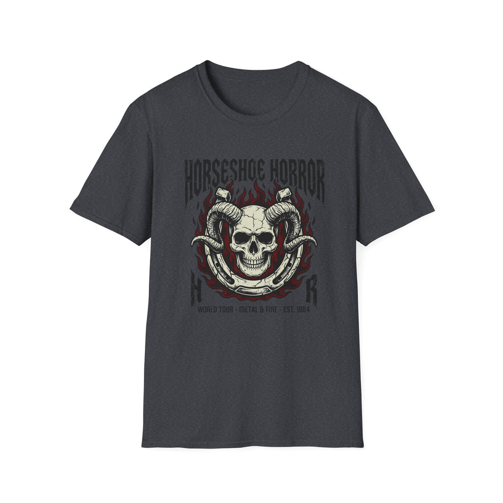 Horseshoe Horror Skull Tee - Gothic Flame Ram Skull Graphic T-Shirt