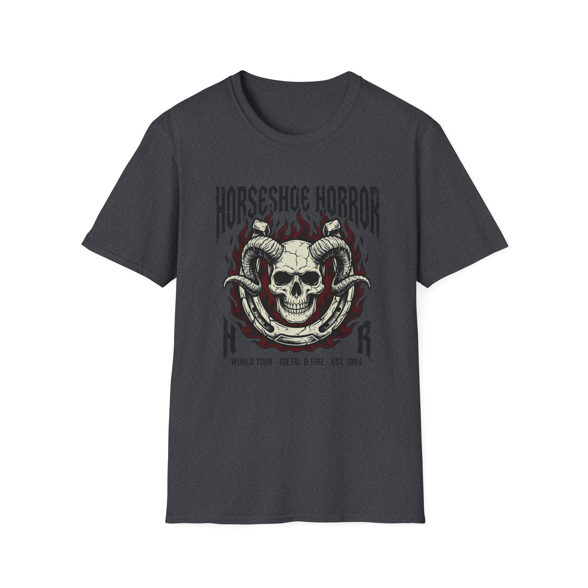 Horseshoe Horror Skull Tee - Gothic Flame Ram Skull Graphic T-Shirt
