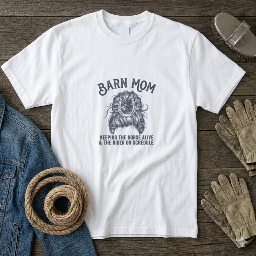 Barn Mom T-Shirt – Keeping the Horse Alive & Rider on Schedule Graphic Tee
