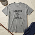 Barn Owner T-Shirt — "My Rules, My Rhythm, My Rake." Rustic Farm Life Shirt for Farmers & Horse Lovers