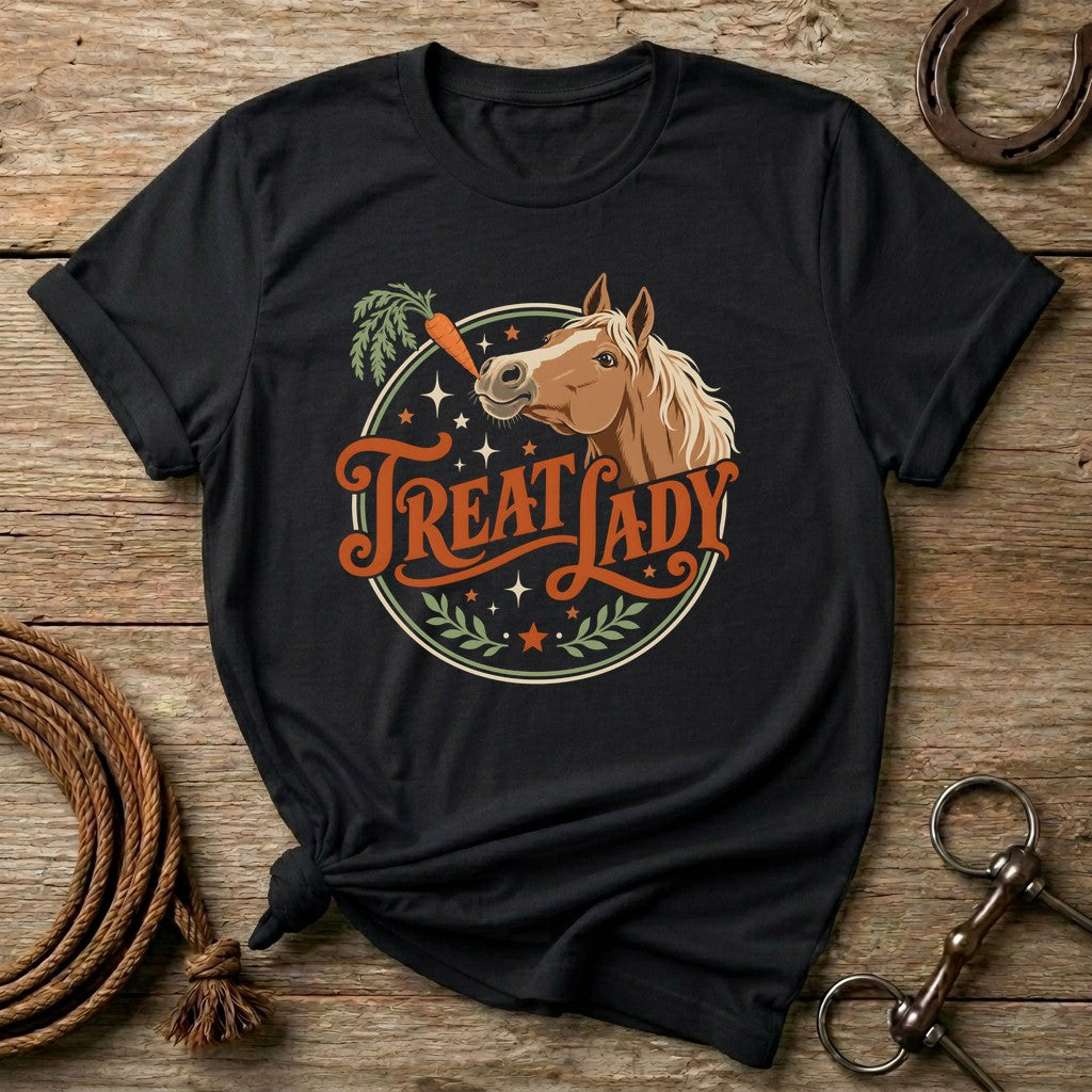 Black Treat Lady vintage horse t-shirt with a palomino reaching for a carrot