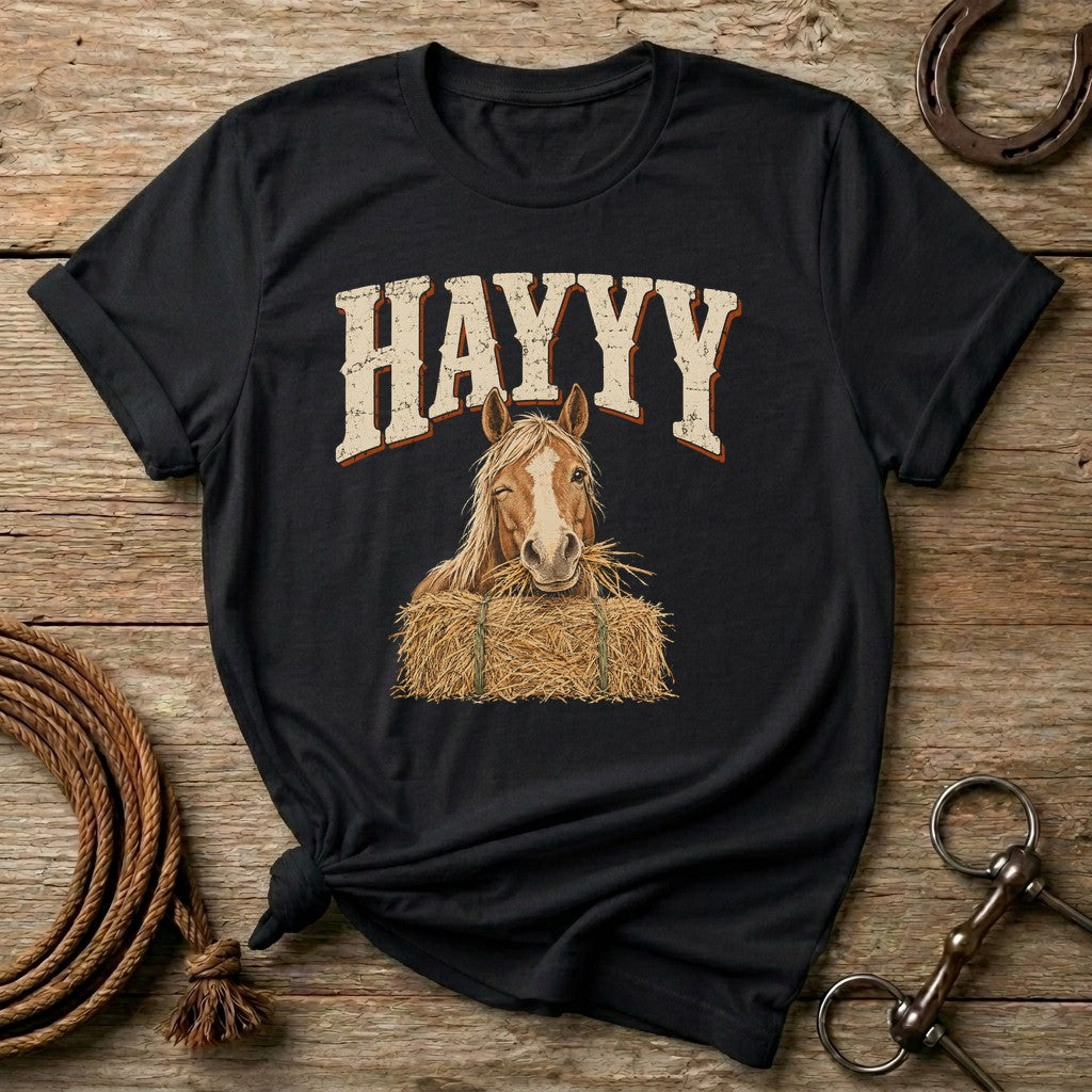 Black HAYYY funny horse t-shirt with a winking chestnut horse eating hay