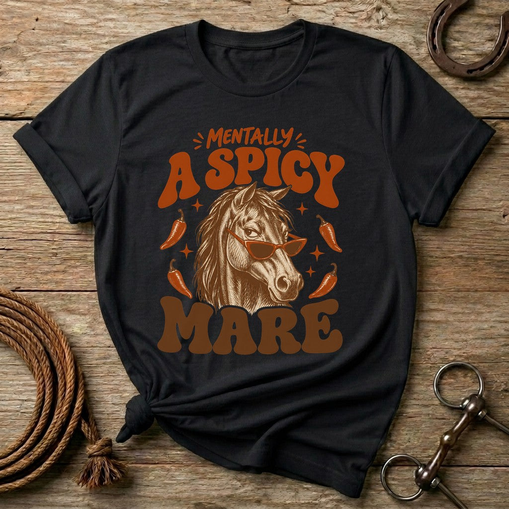Black Mentally A Spicy Mare funny t-shirt with a horse in sunglasses and chili peppers