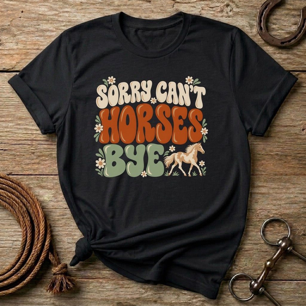 Black Sorry Can't Horses Bye retro horse girl t-shirt with daisies and a paint horse