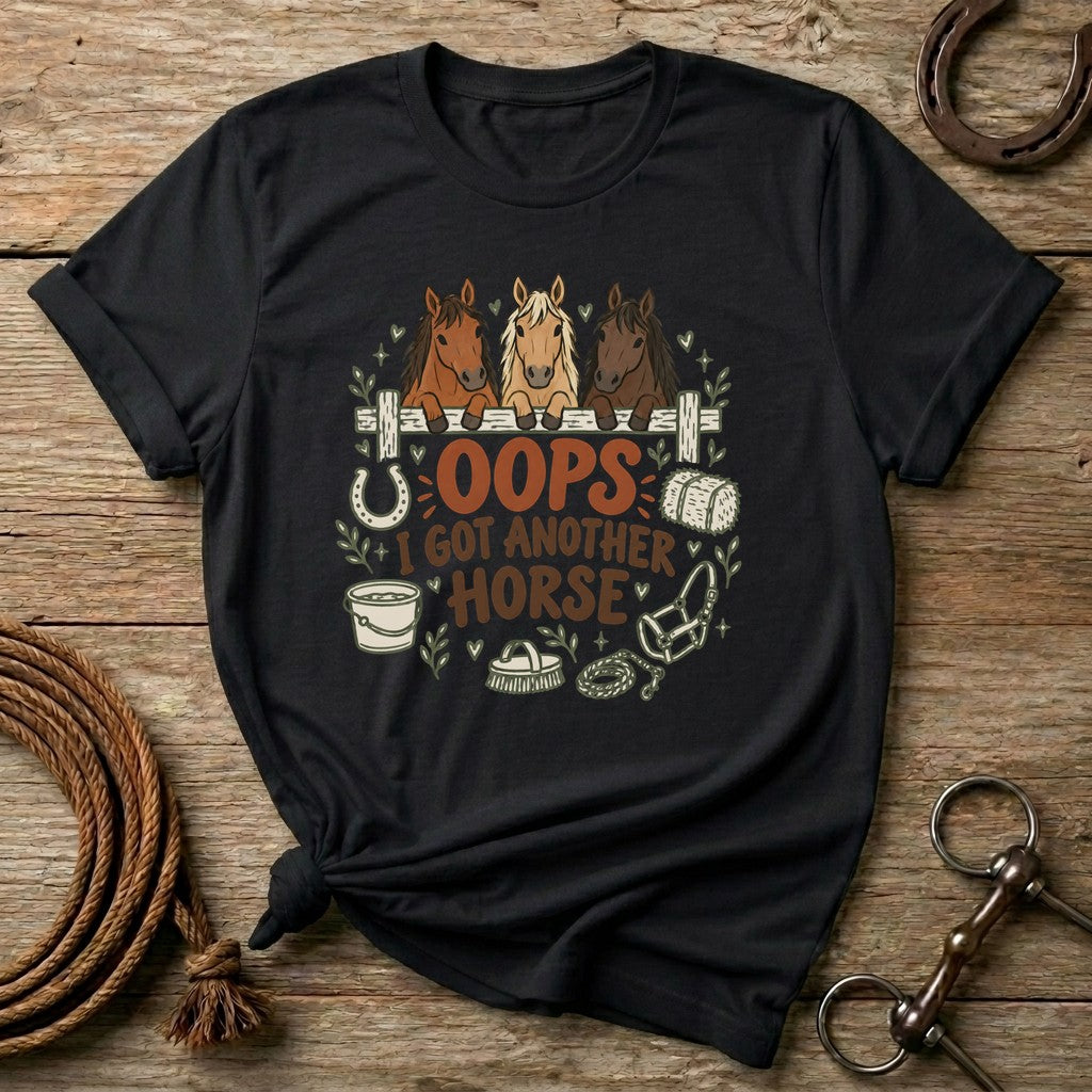 Black Oops I Got Another Horse t-shirt with three horses peeking over a fence