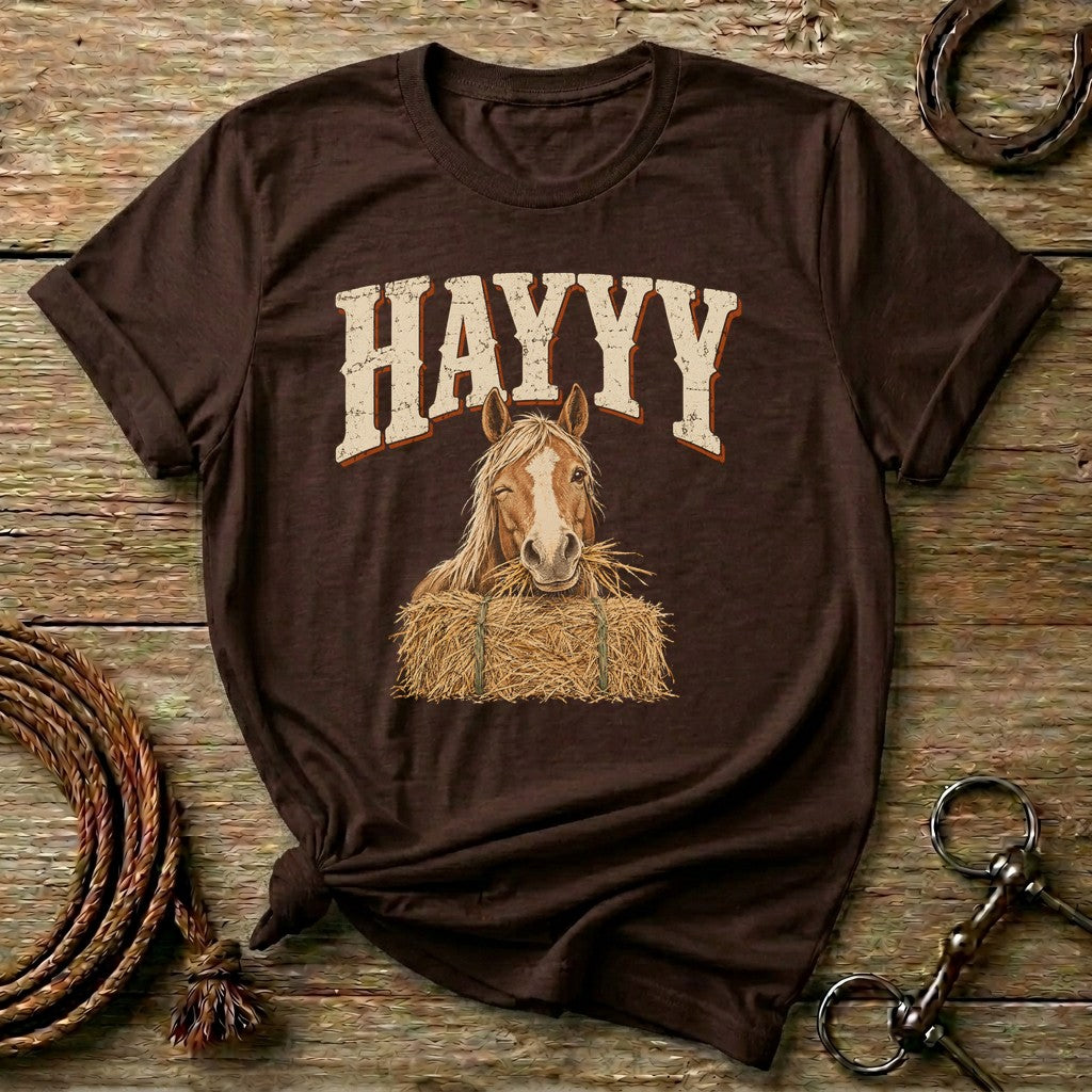 Dark Chocolate HAYYY funny horse t-shirt with a winking chestnut horse eating hay