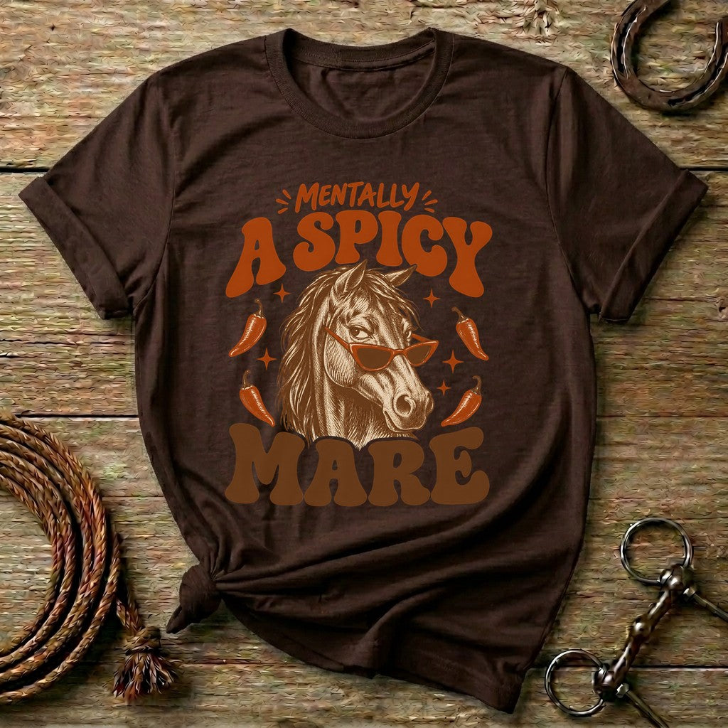 Dark Chocolate Mentally A Spicy Mare funny t-shirt with a horse in sunglasses and chili peppers