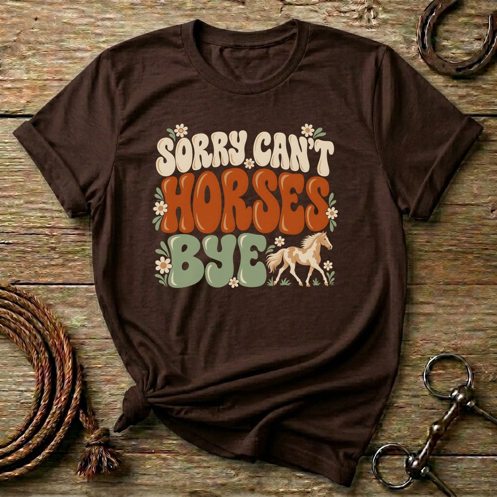 Dark Chocolate Sorry Can't Horses Bye retro horse girl t-shirt with daisies and a paint horse