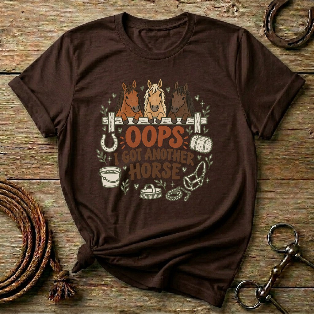 Dark Chocolate Oops I Got Another Horse t-shirt with three horses peeking over a fence