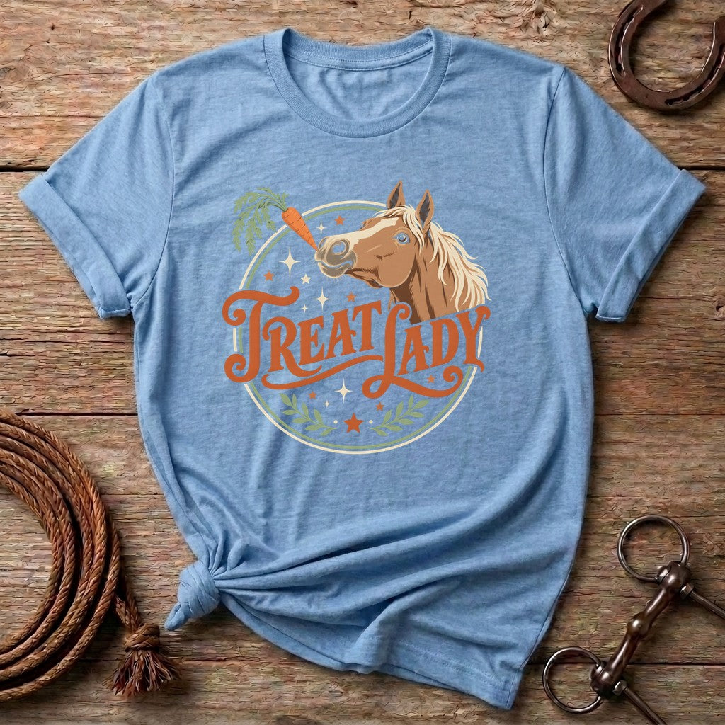 Light Blue Treat Lady vintage horse t-shirt with a palomino reaching for a carrot