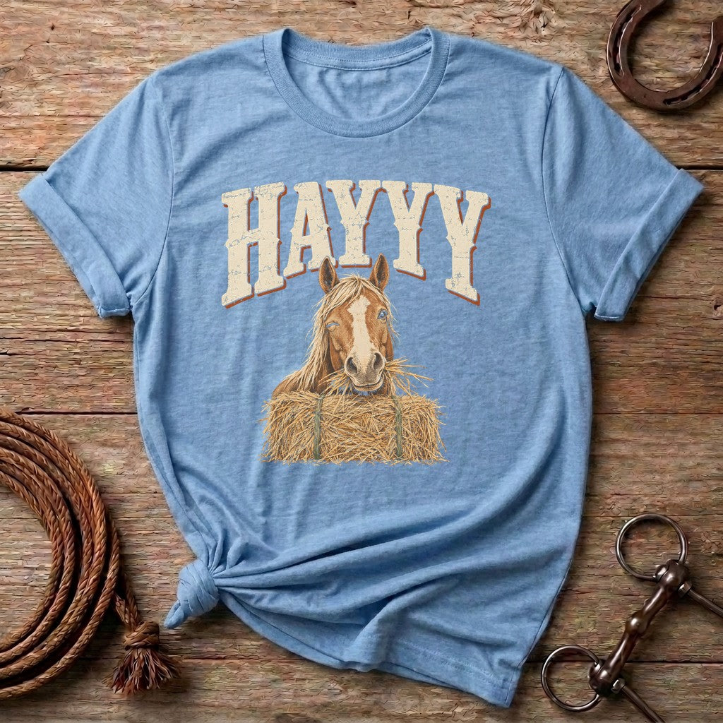 Light Blue HAYYY funny horse t-shirt with a winking chestnut horse eating hay