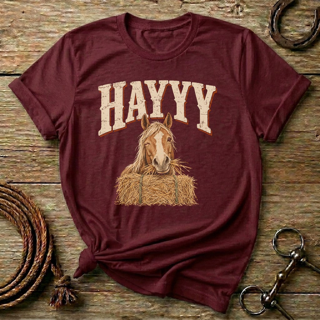 Maroon HAYYY funny horse t-shirt with a winking chestnut horse eating hay