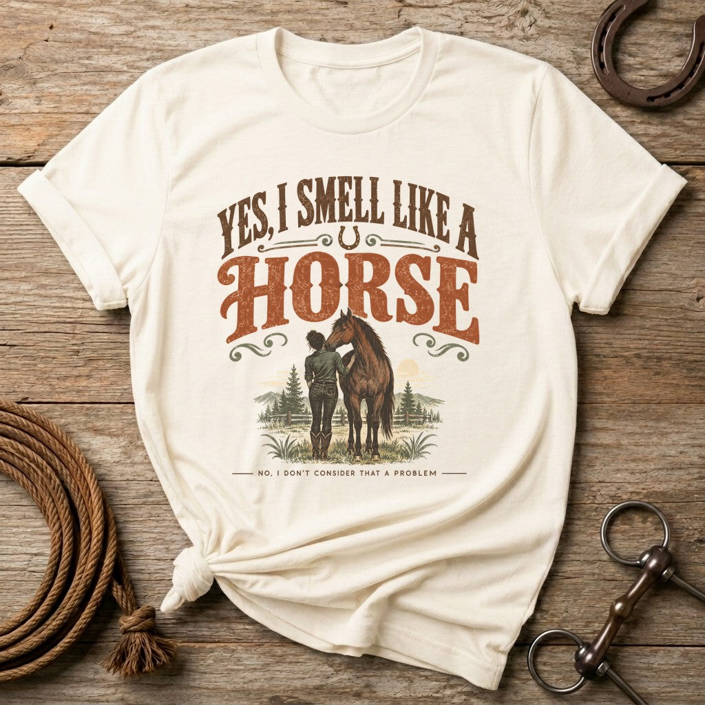 Natural Yes I Smell Like A Horse funny western t-shirt with a cowgirl and her bay horse