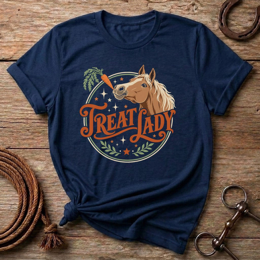Navy Treat Lady vintage horse t-shirt with a palomino reaching for a carrot