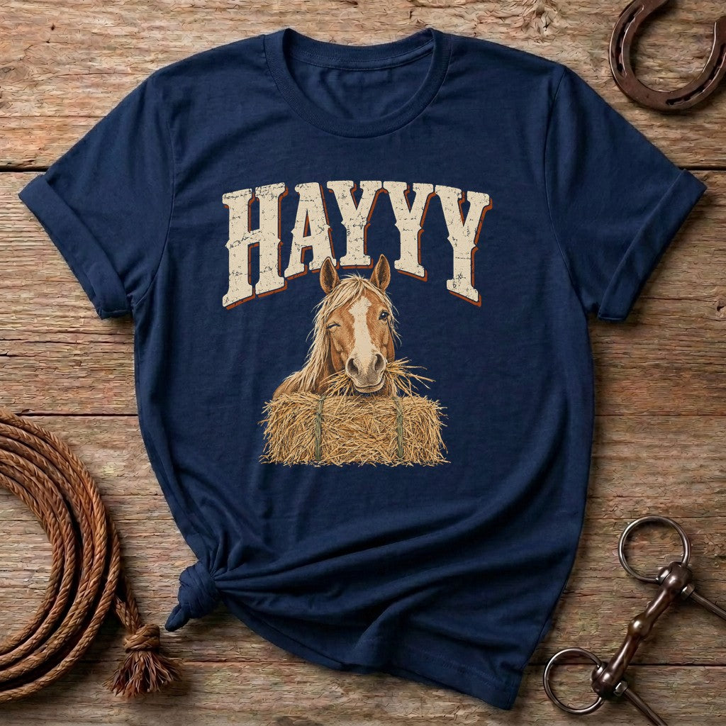 Navy HAYYY funny horse t-shirt with a winking chestnut horse eating hay