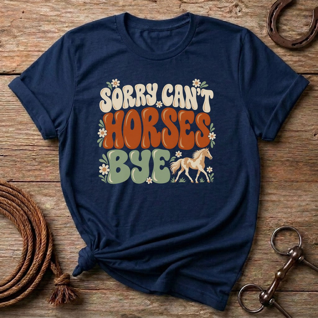 Navy Sorry Can't Horses Bye retro horse girl t-shirt with daisies and a paint horse