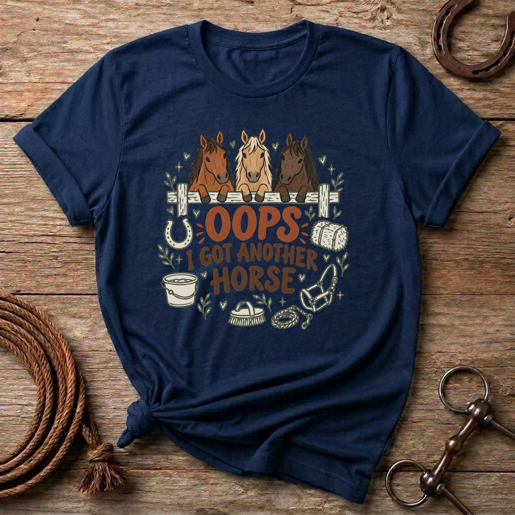 Navy Oops I Got Another Horse t-shirt with three horses peeking over a fence
