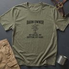 Barn Owner T-Shirt — "My Rules, My Rhythm, My Rake." Rustic Farm Life Shirt for Farmers & Horse Lovers